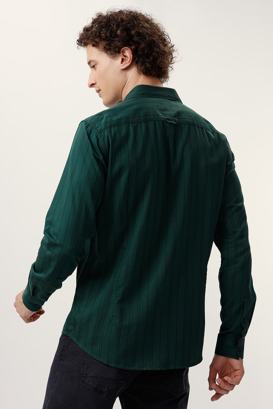 BASICS SLIM FIT PINE GREEN COTTON TWILL STRIPE SHIRT