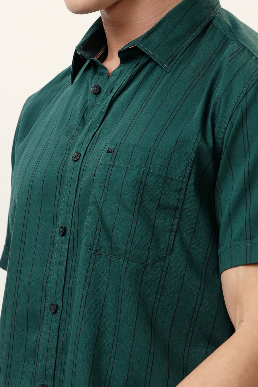 BASICS SLIM FIT PINE GREEN COTTON TWILL STRIPE HALFSLEEVES SHIRT