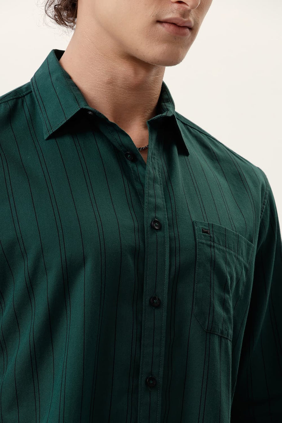 BASICS SLIM FIT PINE GREEN COTTON TWILL STRIPE SHIRT
