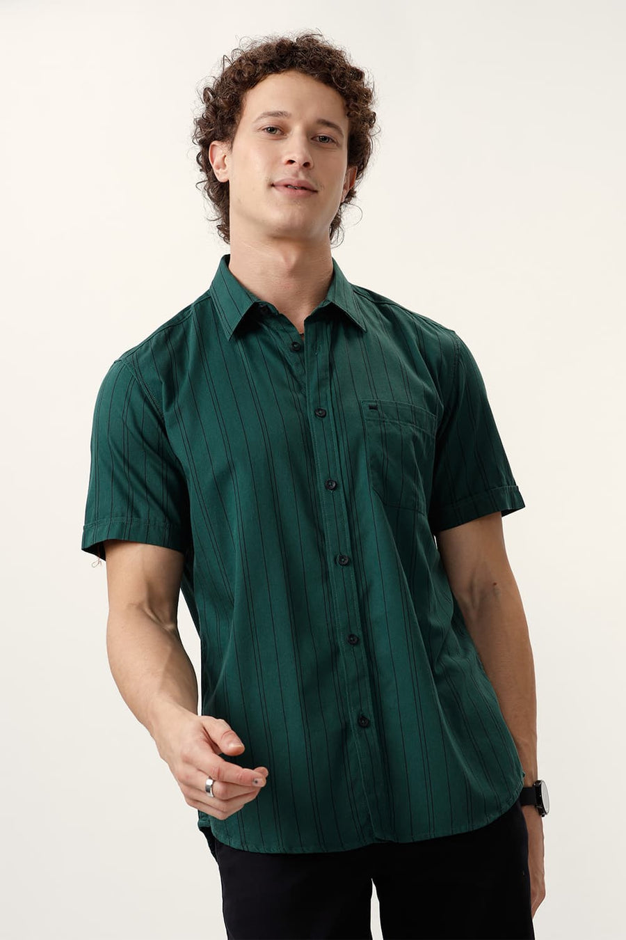 BASICS SLIM FIT PINE GREEN COTTON TWILL STRIPE HALFSLEEVES SHIRT
