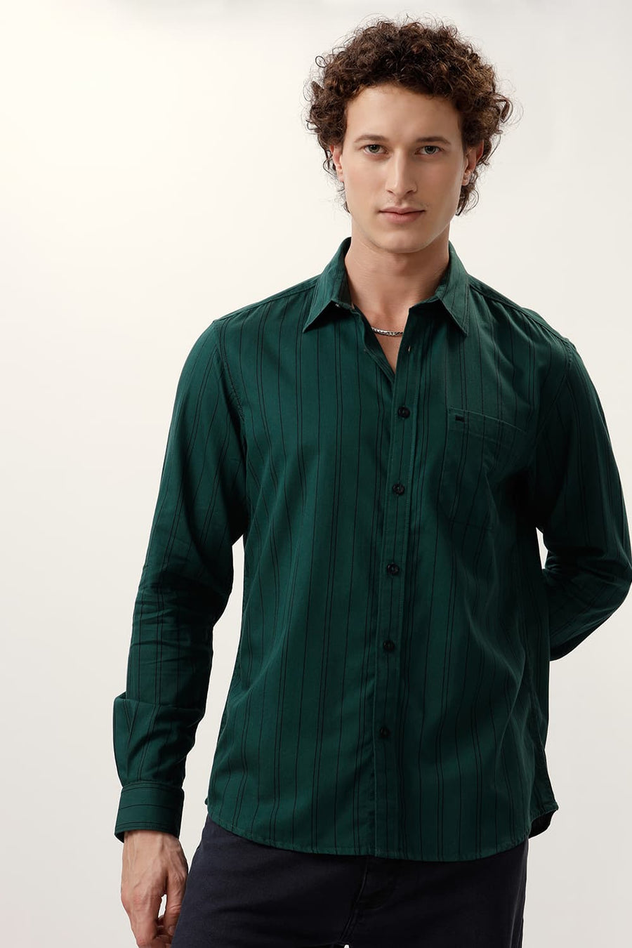BASICS SLIM FIT PINE GREEN COTTON TWILL STRIPE SHIRT