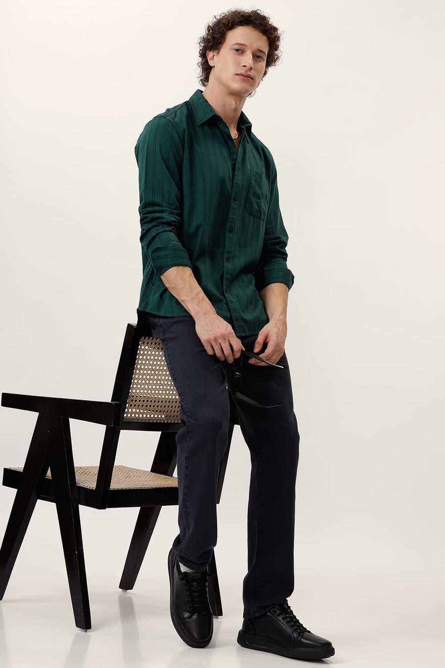 BASICS SLIM FIT PINE GREEN COTTON TWILL STRIPE SHIRT