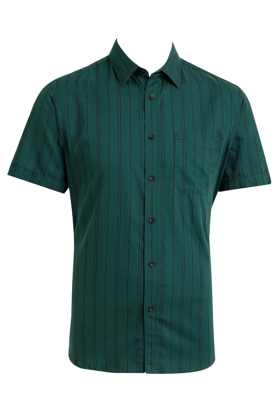 BASICS SLIM FIT PINE GREEN COTTON TWILL STRIPE HALFSLEEVES SHIRT