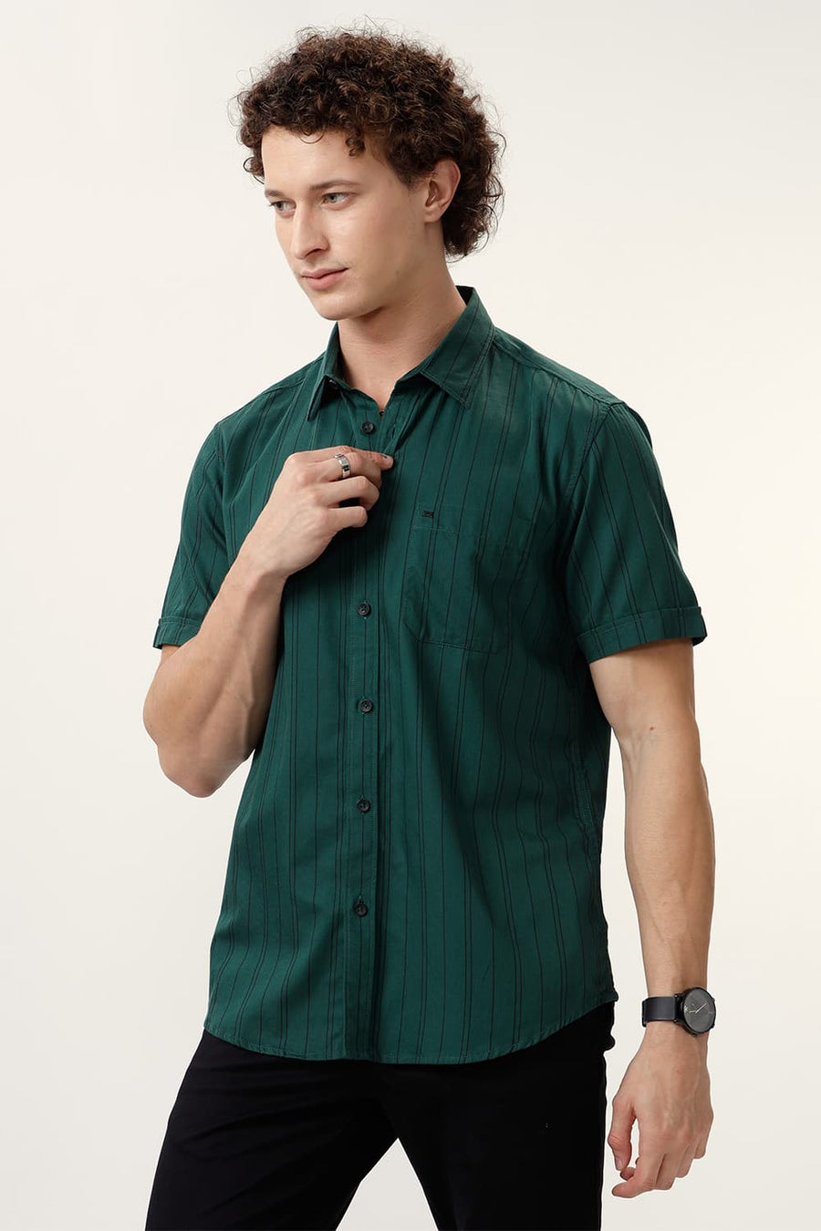 BASICS SLIM FIT PINE GREEN COTTON TWILL STRIPE HALFSLEEVES SHIRT