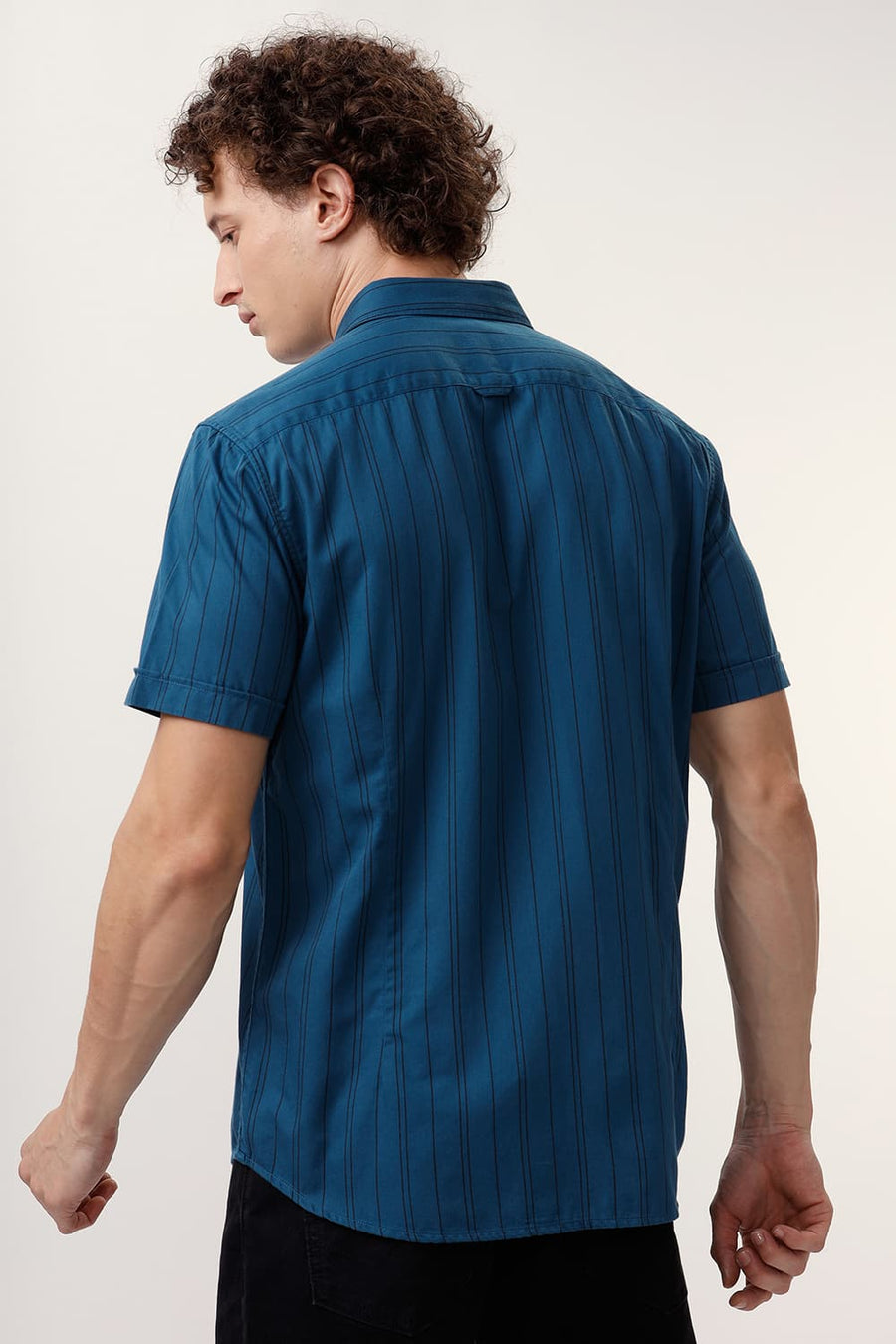 BASICS SLIM FIT TURQUOISE SAPPHIRE COTTON TWILL STRIPE HALFSLEEVES SHIRT