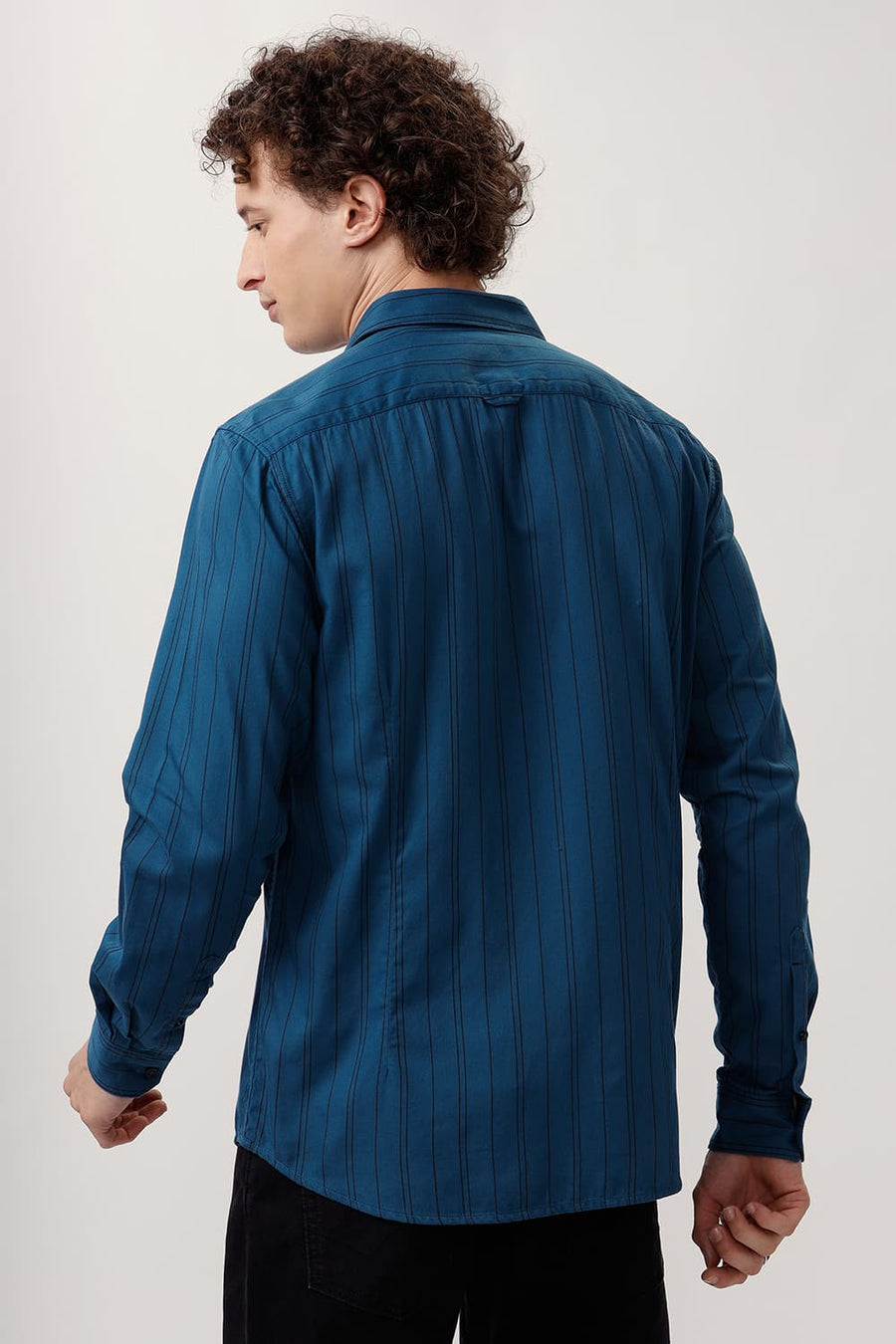 BASICS SLIM FIT TURQUOISE SAPPHIRE COTTON TWILL STRIPE SHIRT