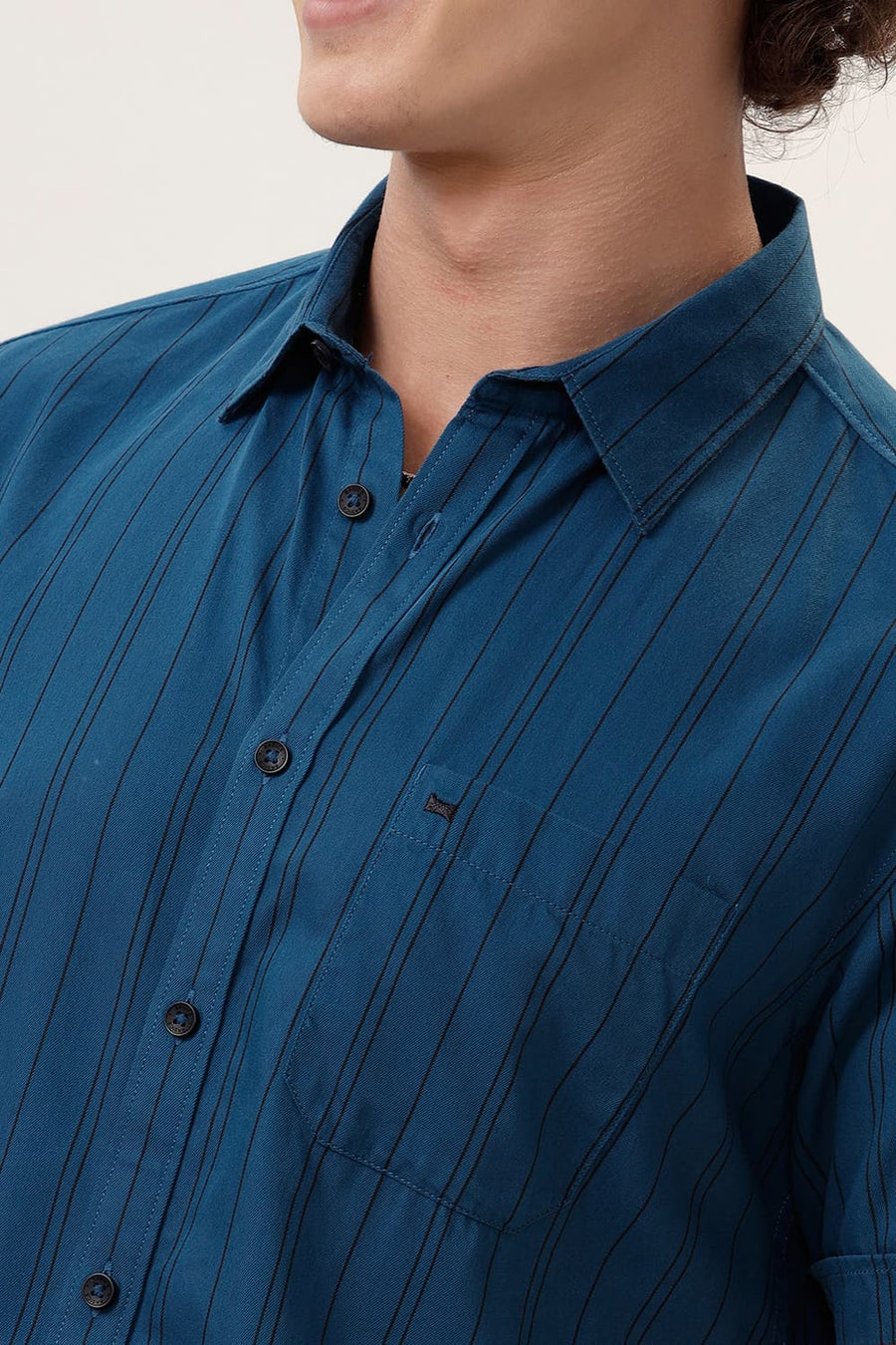BASICS SLIM FIT TURQUOISE SAPPHIRE COTTON TWILL STRIPE HALFSLEEVES SHIRT