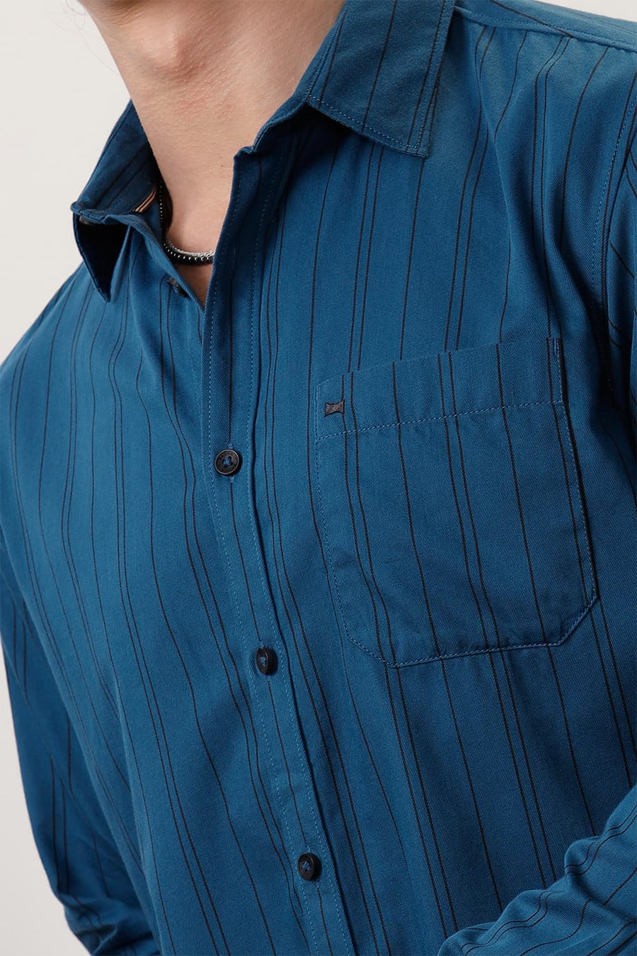 BASICS SLIM FIT TURQUOISE SAPPHIRE COTTON TWILL STRIPE SHIRT