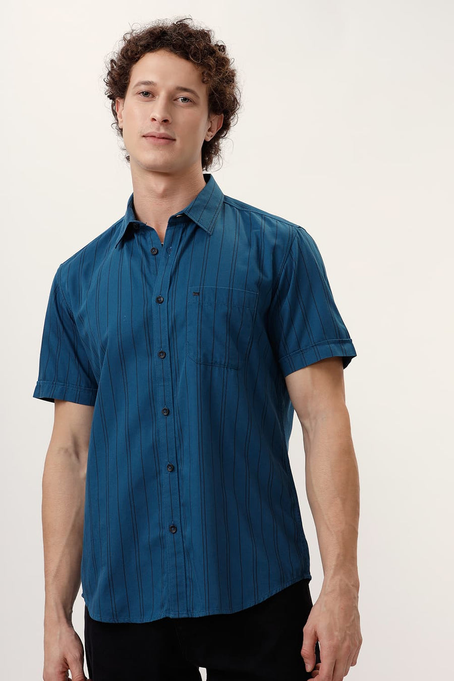 BASICS SLIM FIT TURQUOISE SAPPHIRE COTTON TWILL STRIPE HALFSLEEVES SHIRT