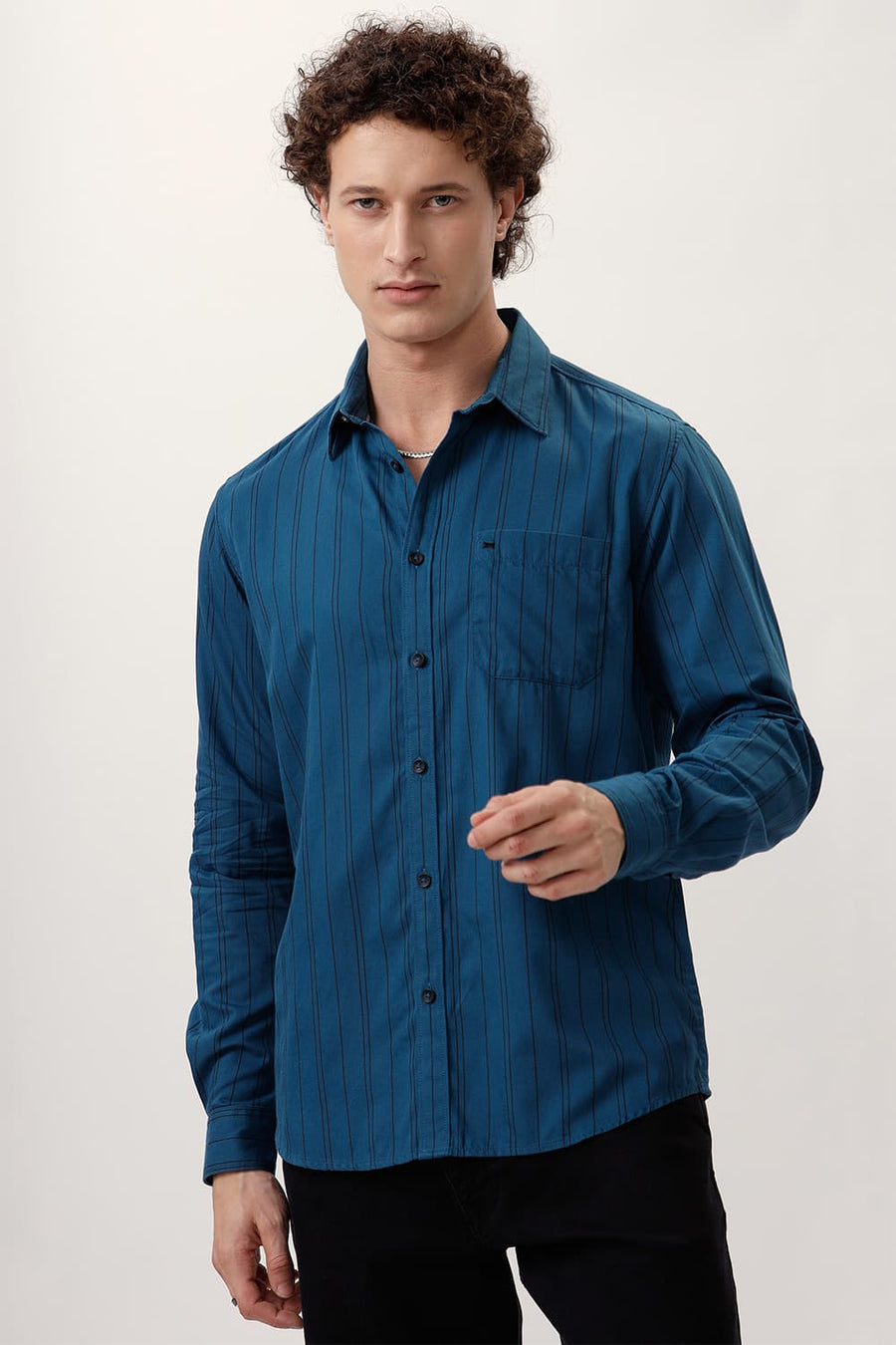 BASICS SLIM FIT TURQUOISE SAPPHIRE COTTON TWILL STRIPE SHIRT