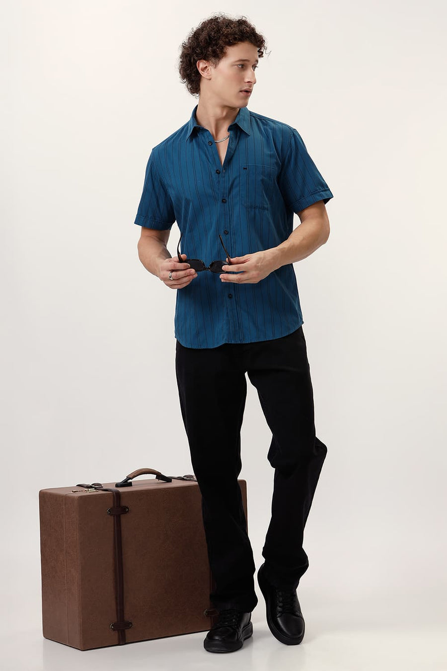 BASICS SLIM FIT TURQUOISE SAPPHIRE COTTON TWILL STRIPE HALFSLEEVES SHIRT