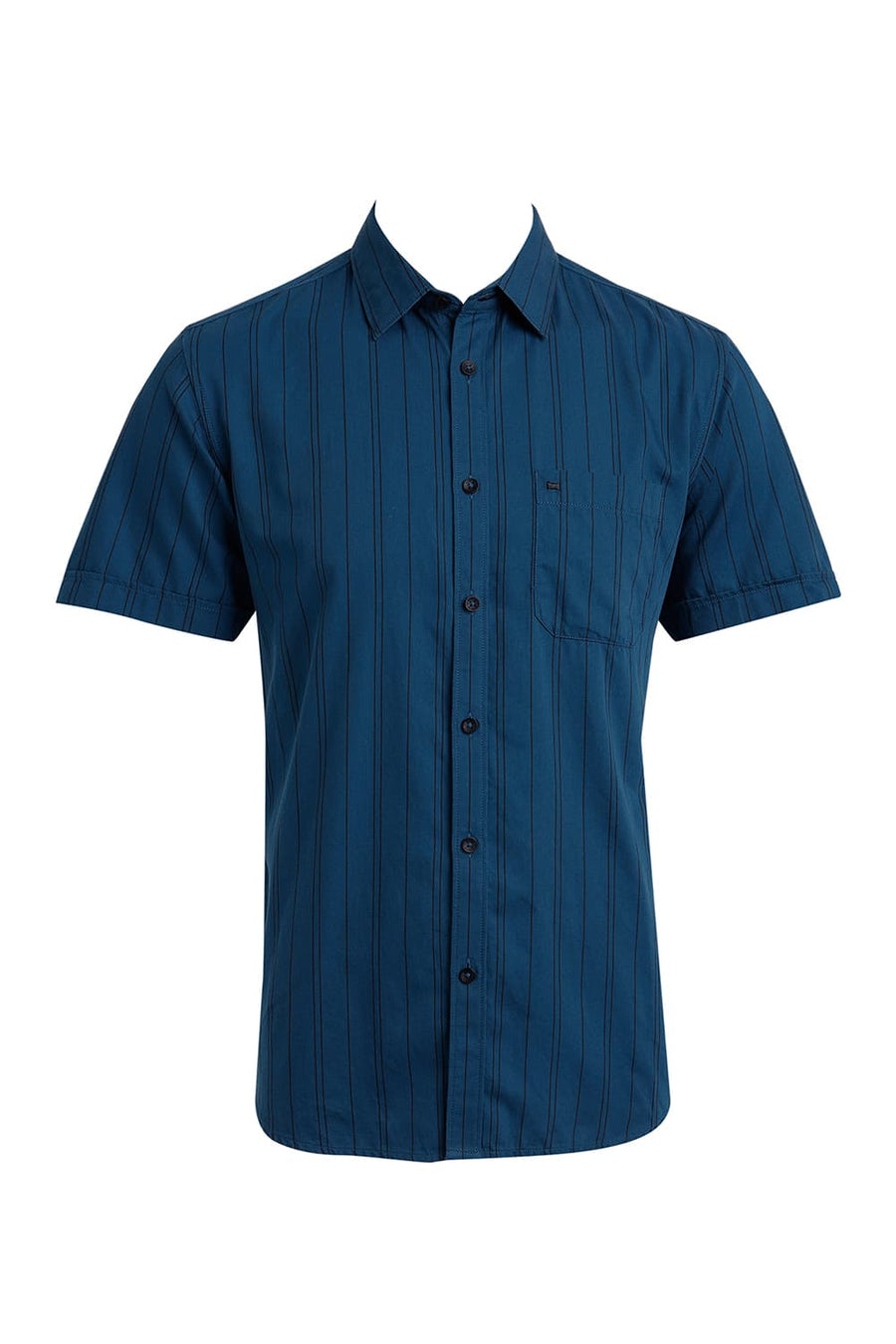 BASICS SLIM FIT TURQUOISE SAPPHIRE COTTON TWILL STRIPE HALFSLEEVES SHIRT