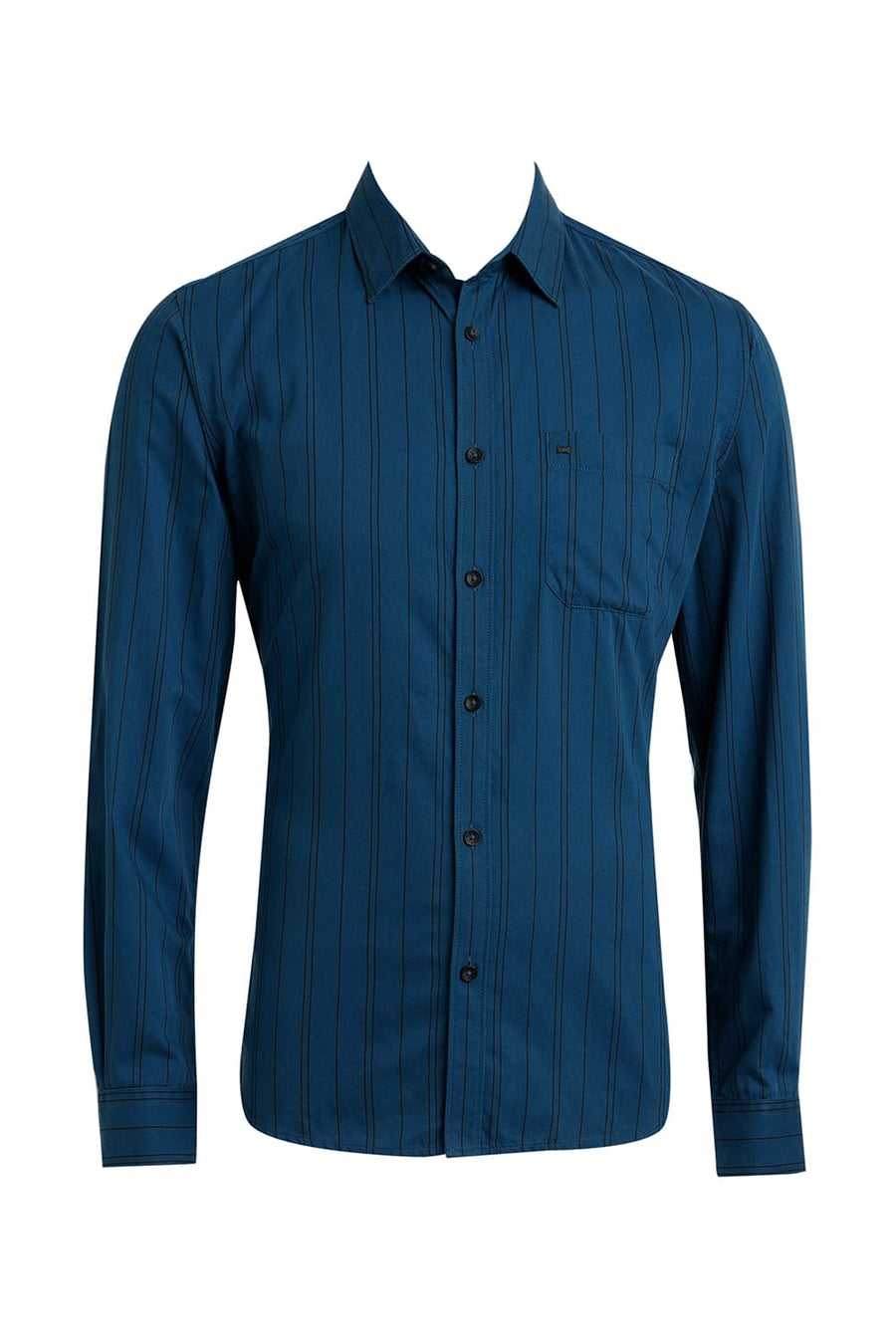 BASICS SLIM FIT TURQUOISE SAPPHIRE COTTON TWILL STRIPE SHIRT
