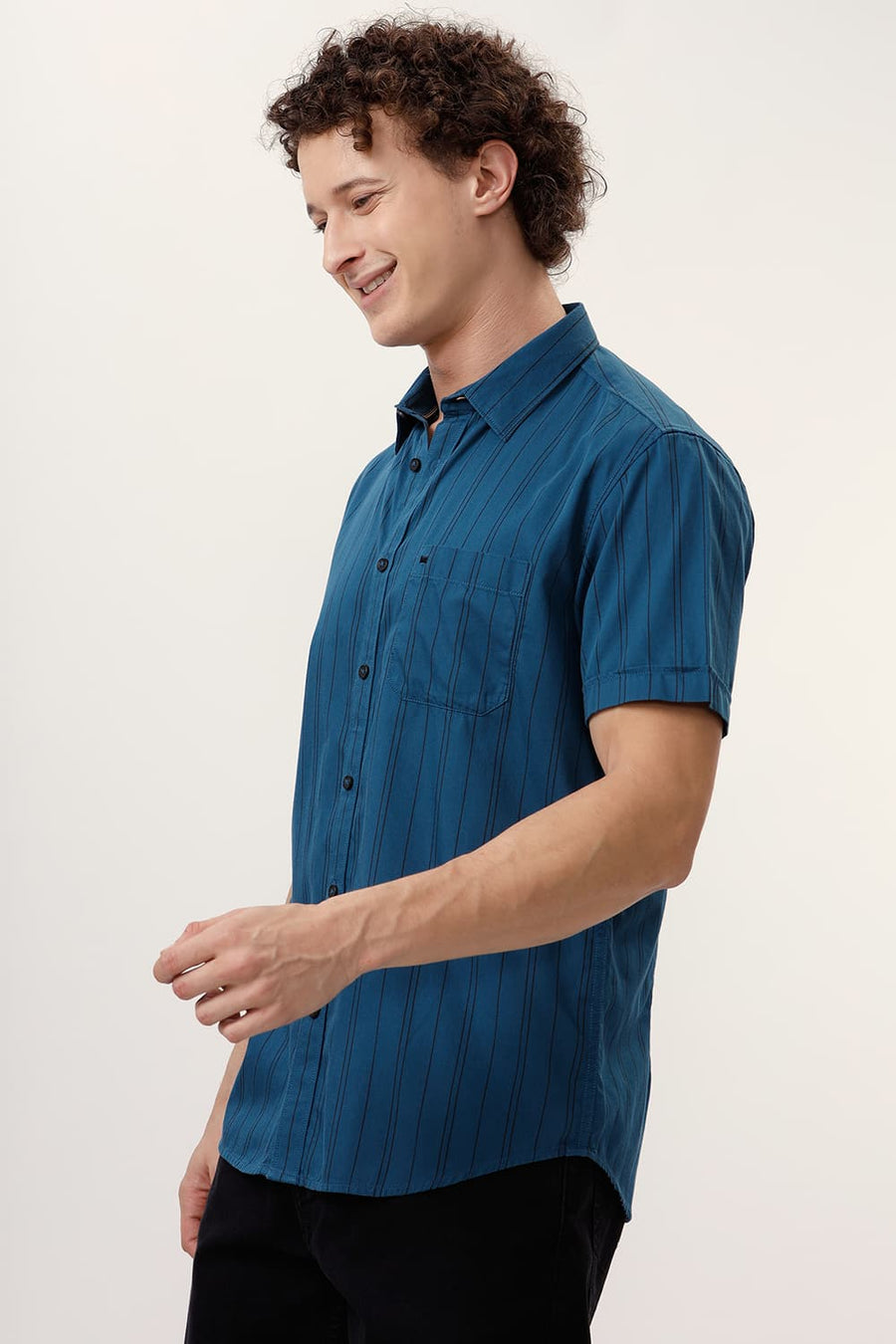 BASICS SLIM FIT TURQUOISE SAPPHIRE COTTON TWILL STRIPE HALFSLEEVES SHIRT