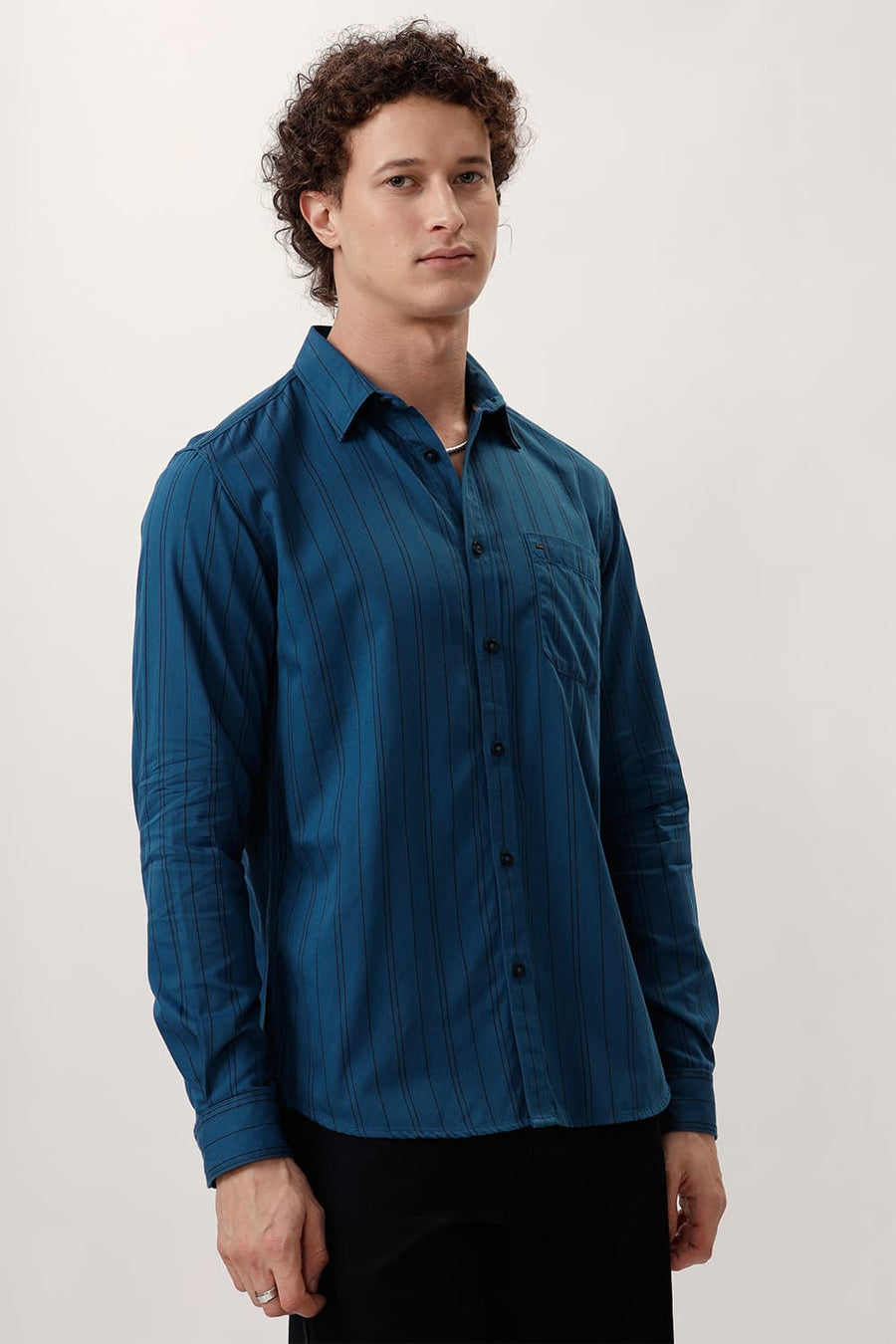 BASICS SLIM FIT TURQUOISE SAPPHIRE COTTON TWILL STRIPE SHIRT