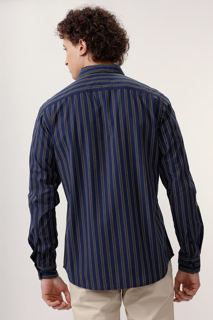 BASICS SLIM FIT NAVY LIMOGES COTTON STRIPE SHIRT