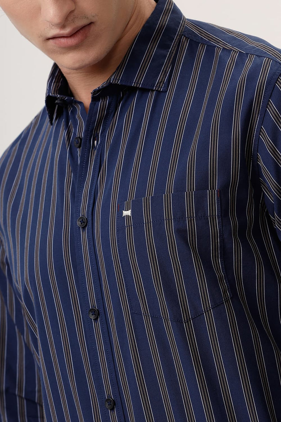 BASICS SLIM FIT NAVY LIMOGES COTTON STRIPE SHIRT