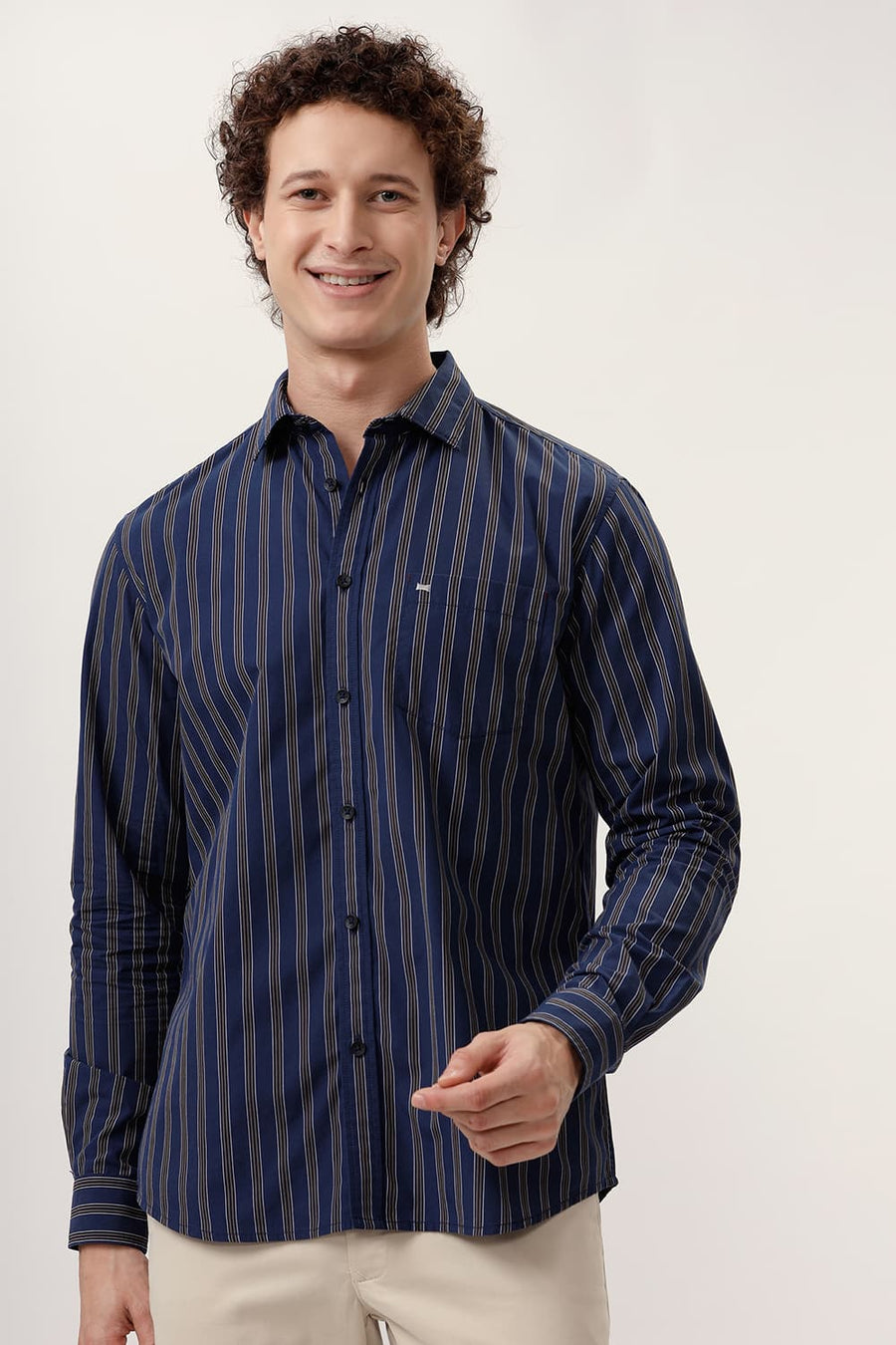 BASICS SLIM FIT NAVY LIMOGES COTTON STRIPE SHIRT