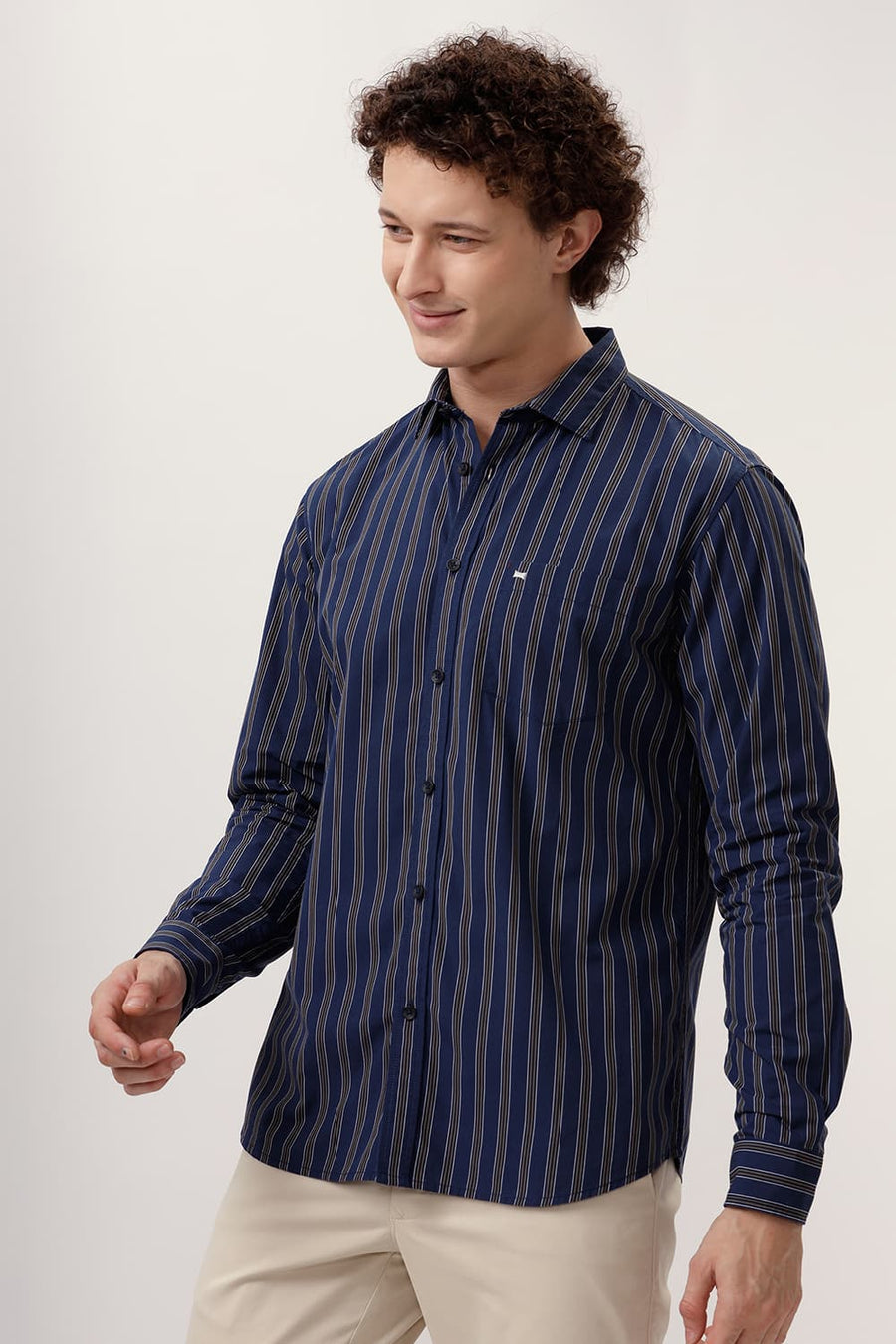 BASICS SLIM FIT NAVY LIMOGES COTTON STRIPE SHIRT