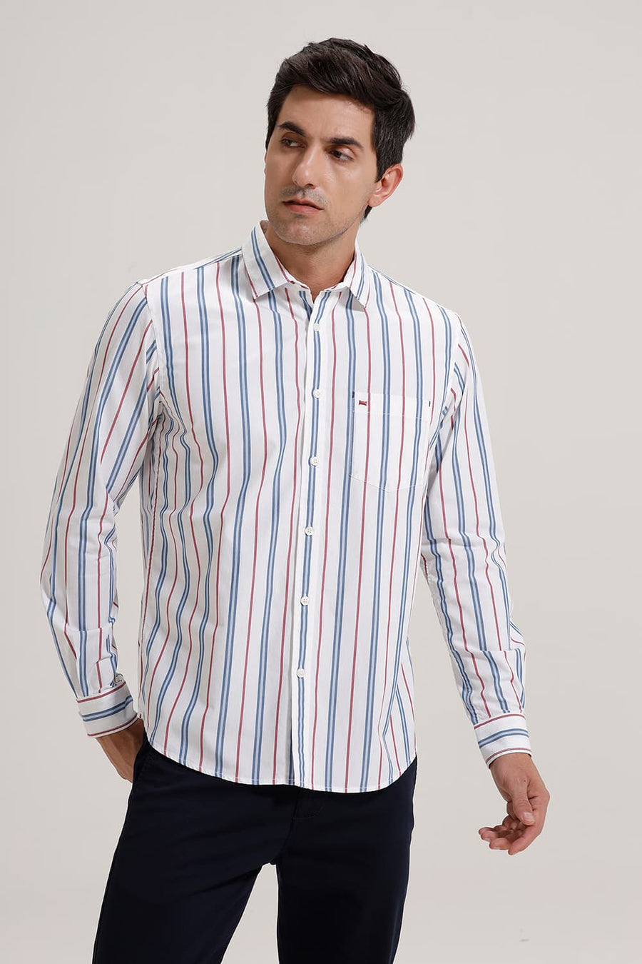 BASICS SLIM FIT NEBULAS BLUE COTTON STRIPE SHIRT