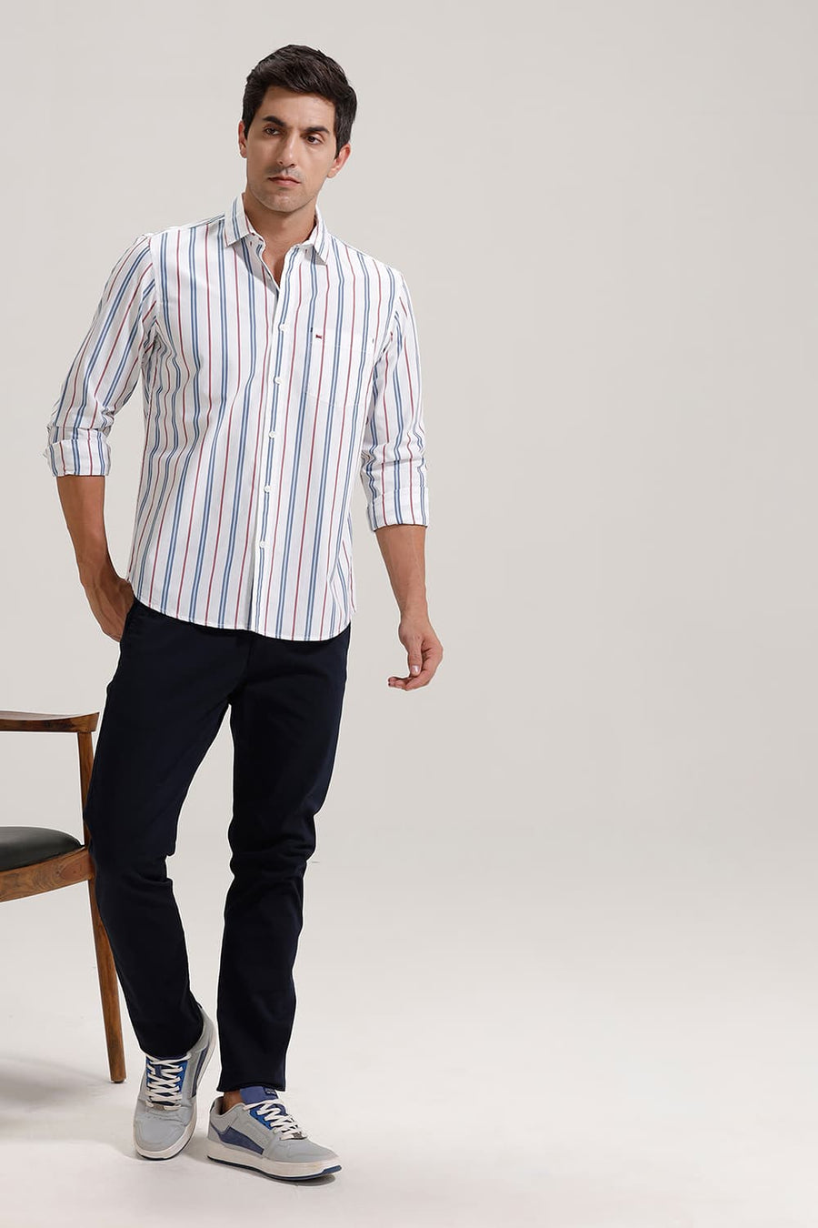 BASICS SLIM FIT NEBULAS BLUE COTTON STRIPE SHIRT