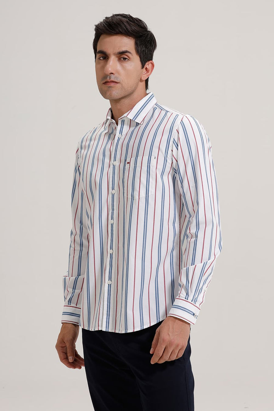 BASICS SLIM FIT NEBULAS BLUE COTTON STRIPE SHIRT