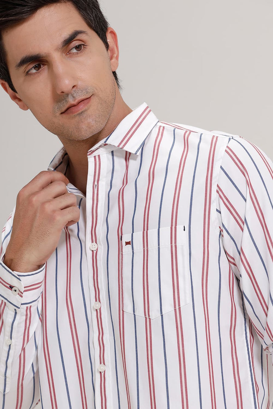 BASICS SLIM FIT EARTH RED COTTON STRIPE SHIRT