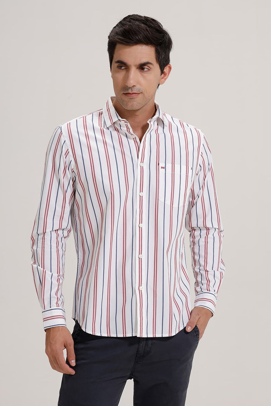 BASICS SLIM FIT EARTH RED COTTON STRIPE SHIRT