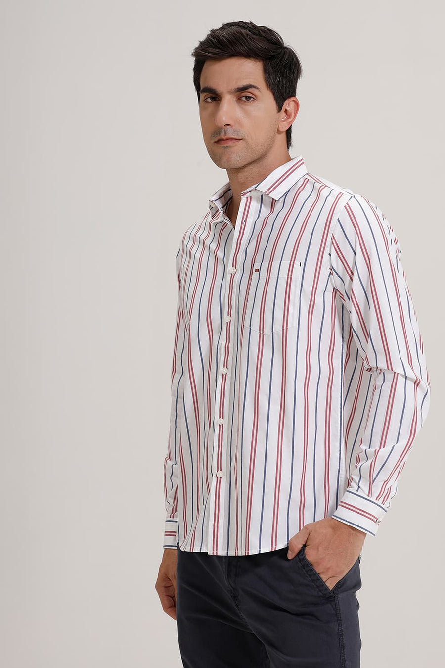 BASICS SLIM FIT EARTH RED COTTON STRIPE SHIRT