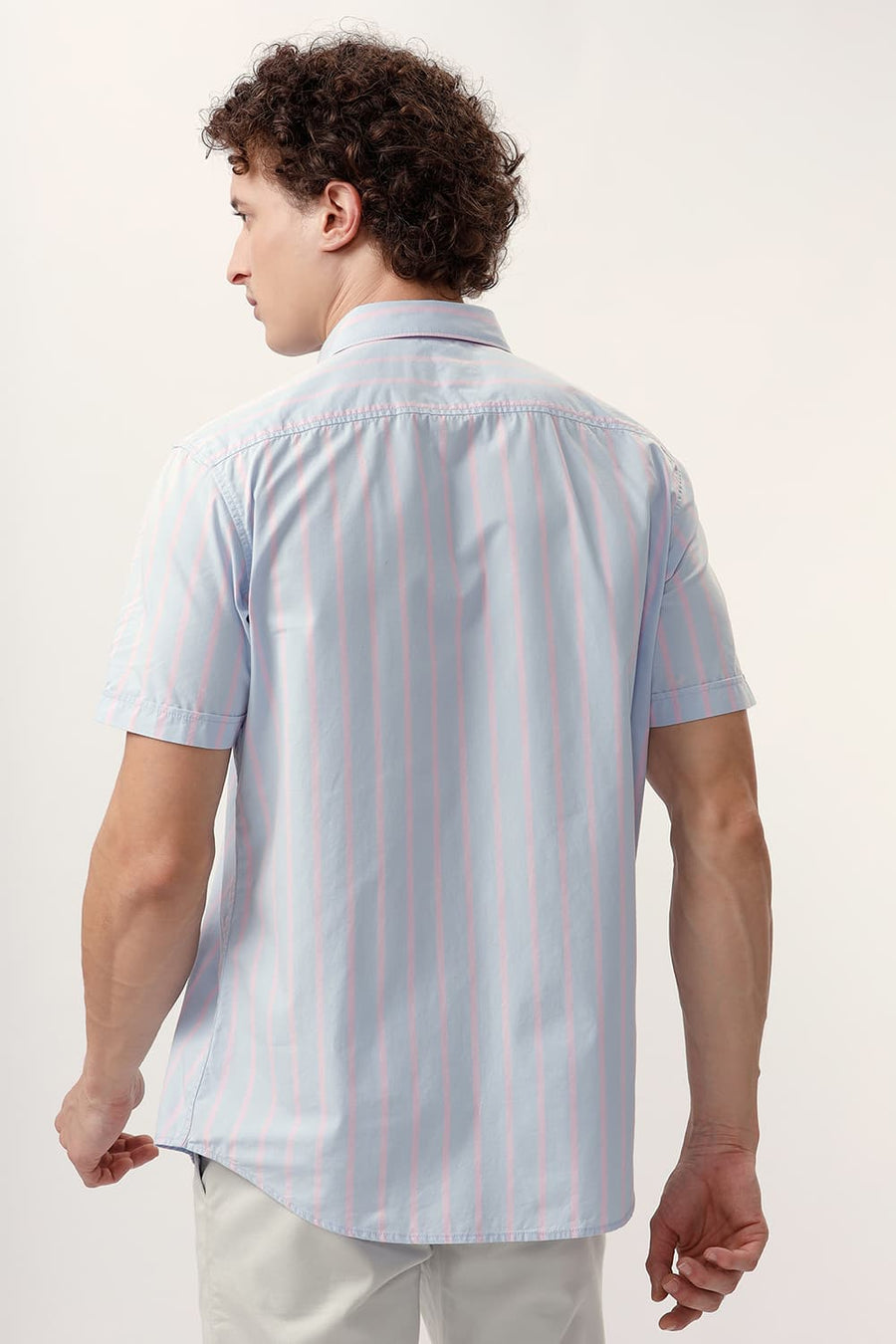 BASICS SLIM FIT HALOGEN BLUE COTTON STRIPE HALFSLEEVES SHIRT