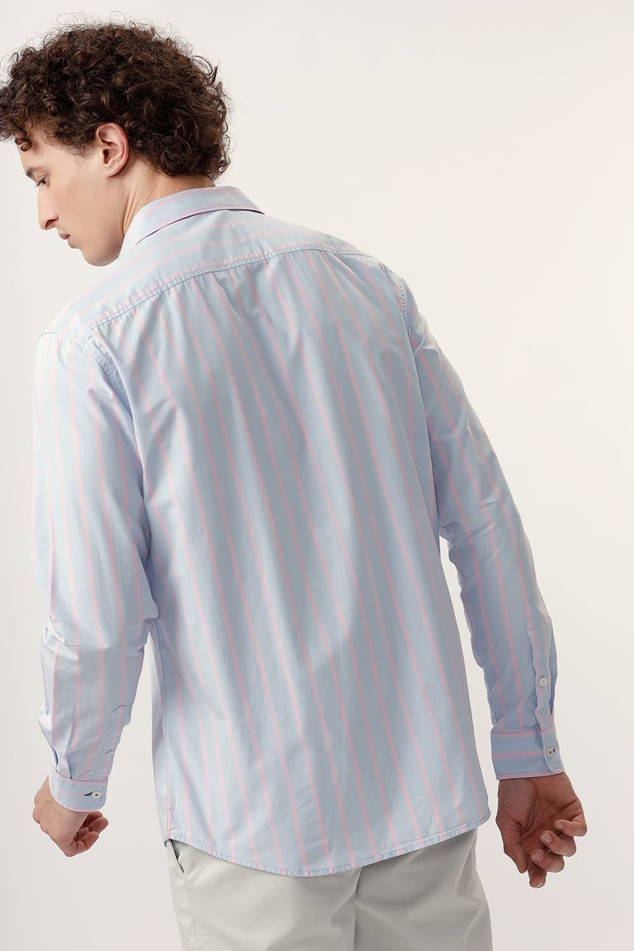 BASICS SLIM FIT HALOGEN BLUE COTTON STRIPE SHIRT