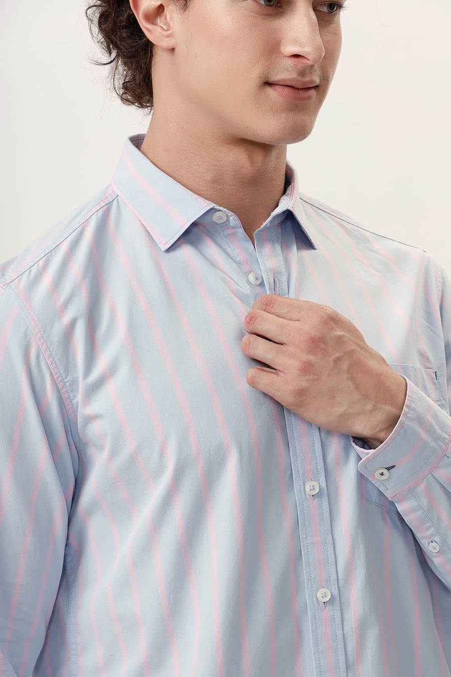 BASICS SLIM FIT HALOGEN BLUE COTTON STRIPE SHIRT