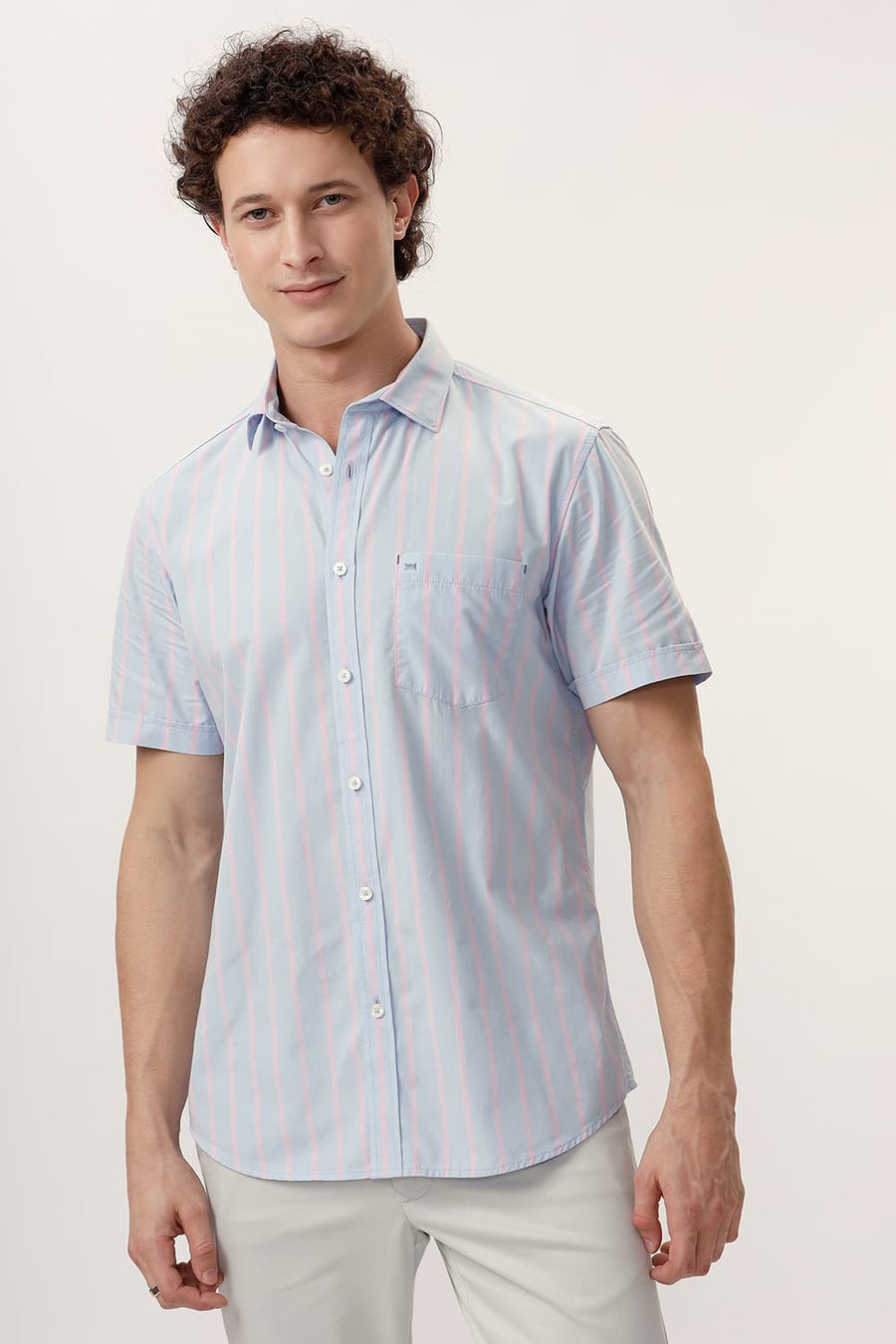 BASICS SLIM FIT HALOGEN BLUE COTTON STRIPE HALFSLEEVES SHIRT