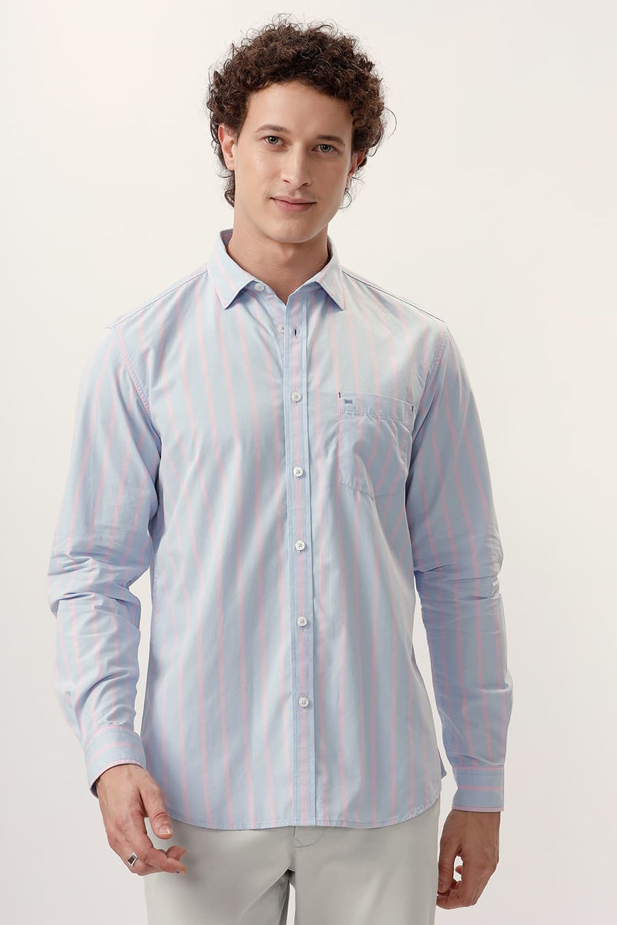 BASICS SLIM FIT HALOGEN BLUE COTTON STRIPE SHIRT