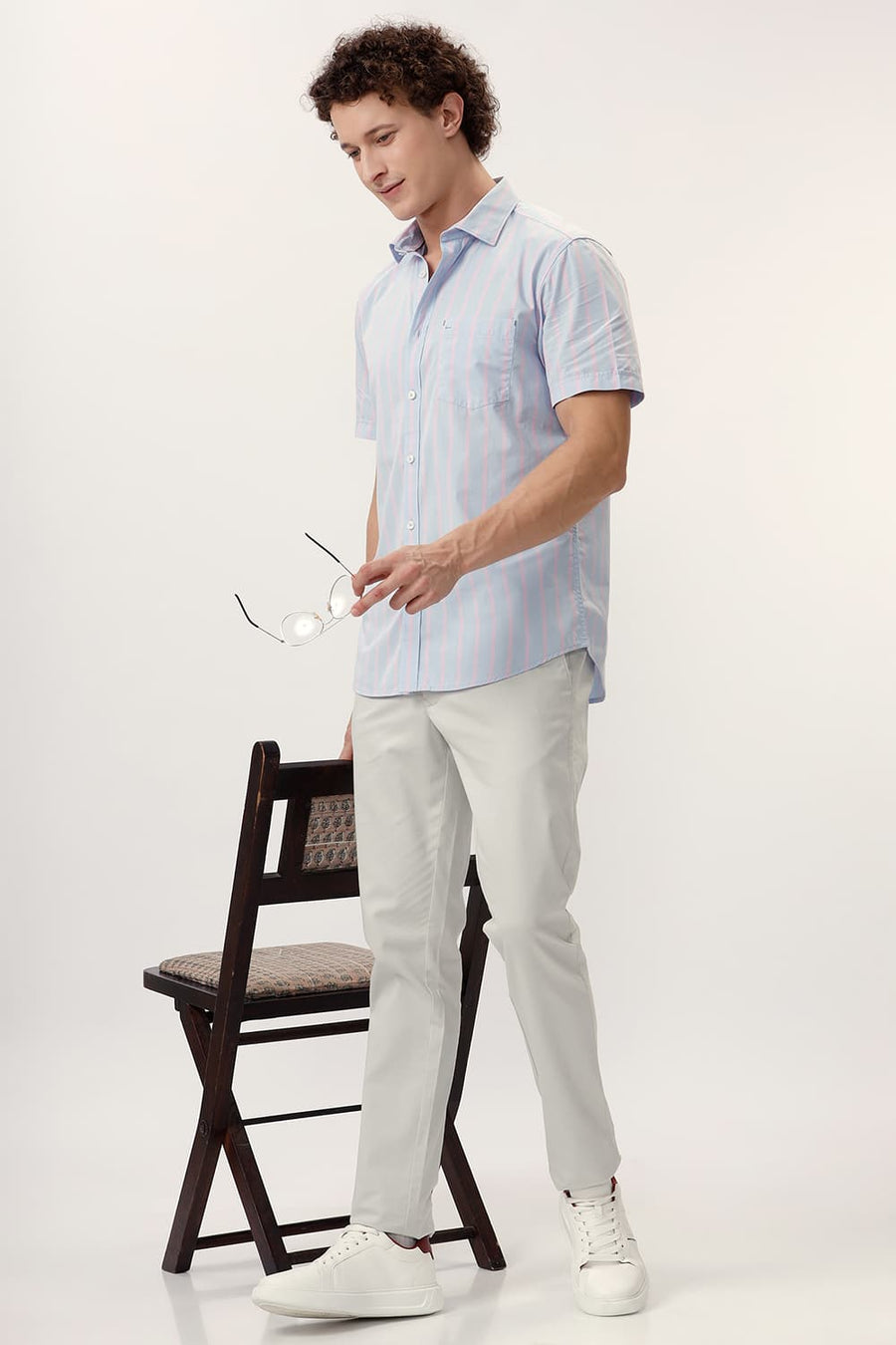 BASICS SLIM FIT HALOGEN BLUE COTTON STRIPE HALFSLEEVES SHIRT