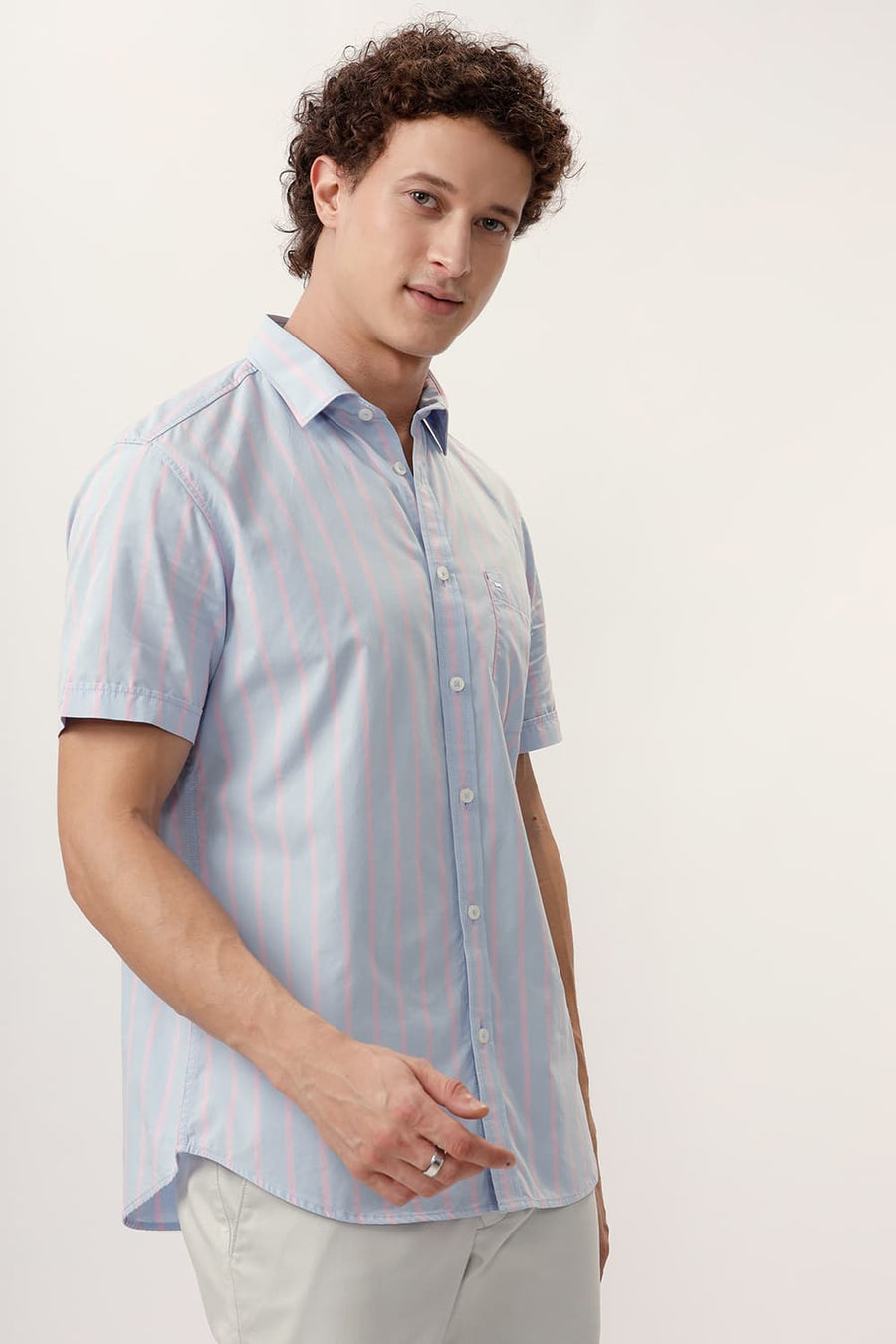 BASICS SLIM FIT HALOGEN BLUE COTTON STRIPE HALFSLEEVES SHIRT