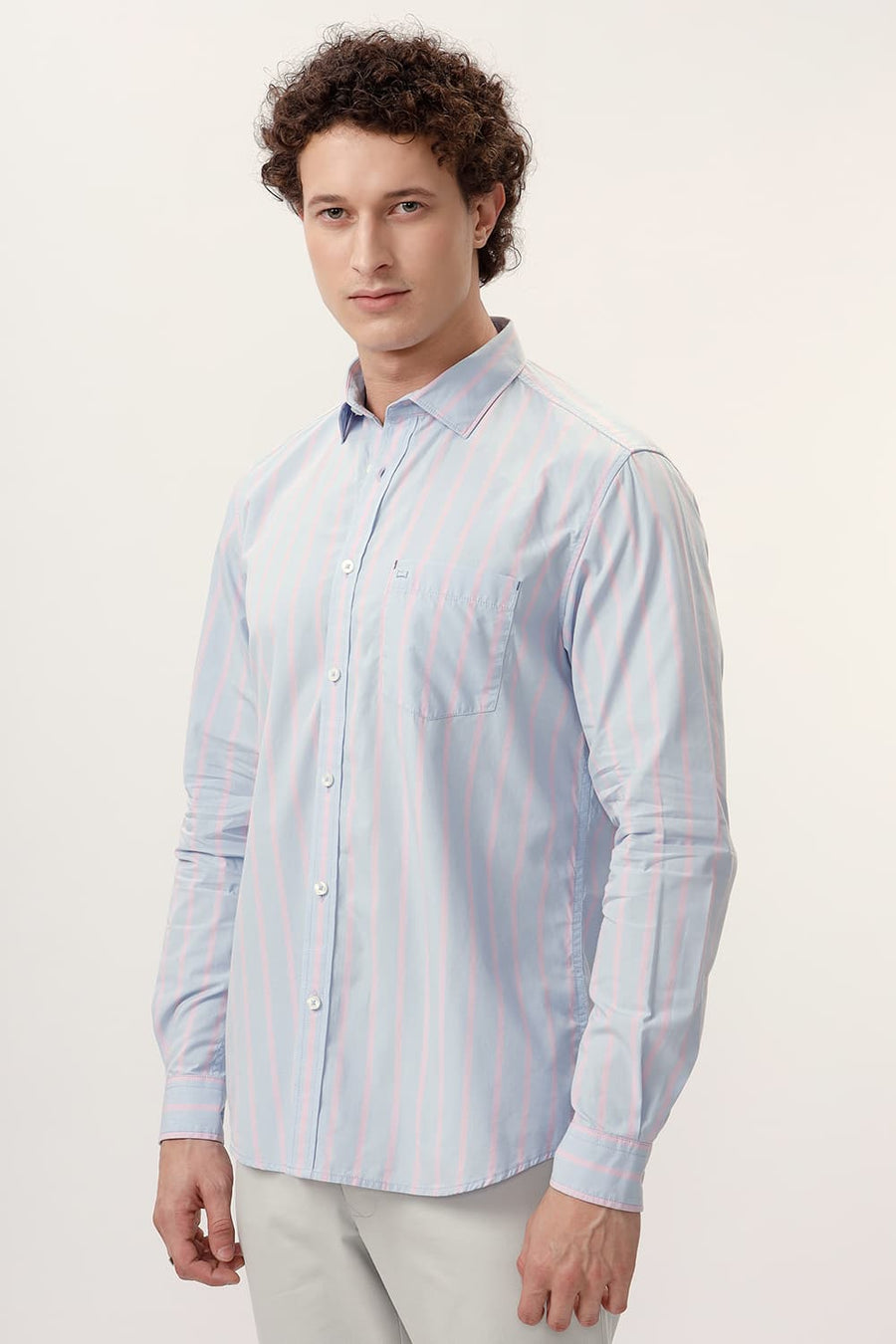 BASICS SLIM FIT HALOGEN BLUE COTTON STRIPE SHIRT