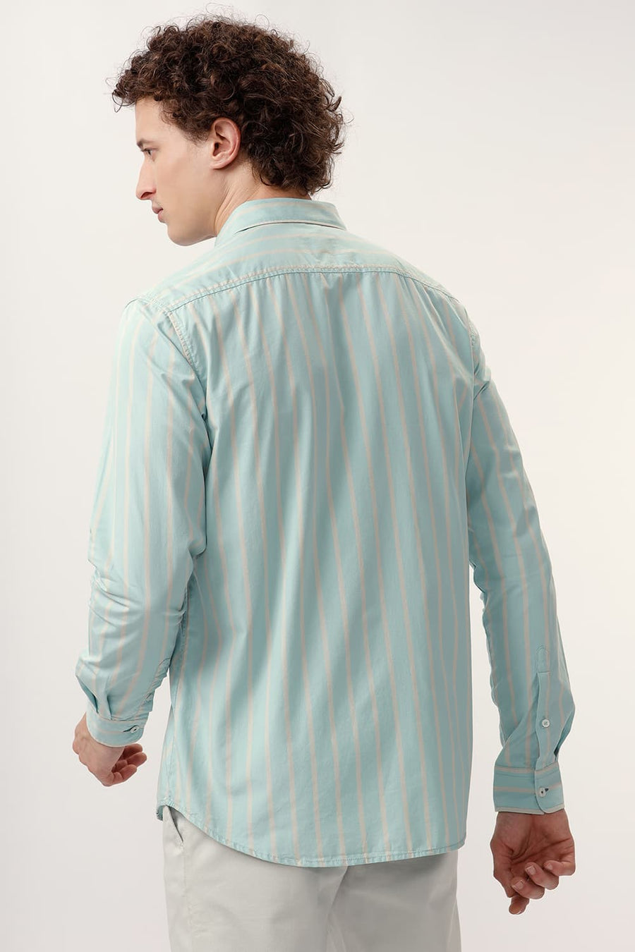 BASICS SLIM FIT HARBOR GREEN COTTON STRIPE SHIRT