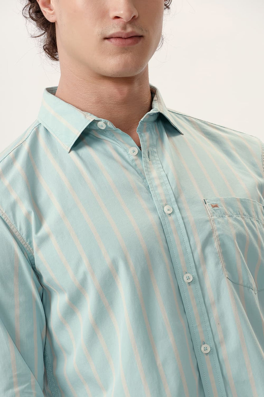 BASICS SLIM FIT HARBOR GREEN COTTON STRIPE SHIRT