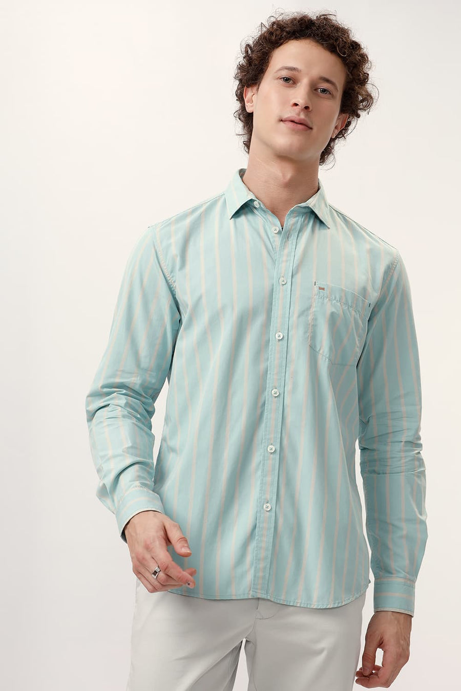 BASICS SLIM FIT HARBOR GREEN COTTON STRIPE SHIRT