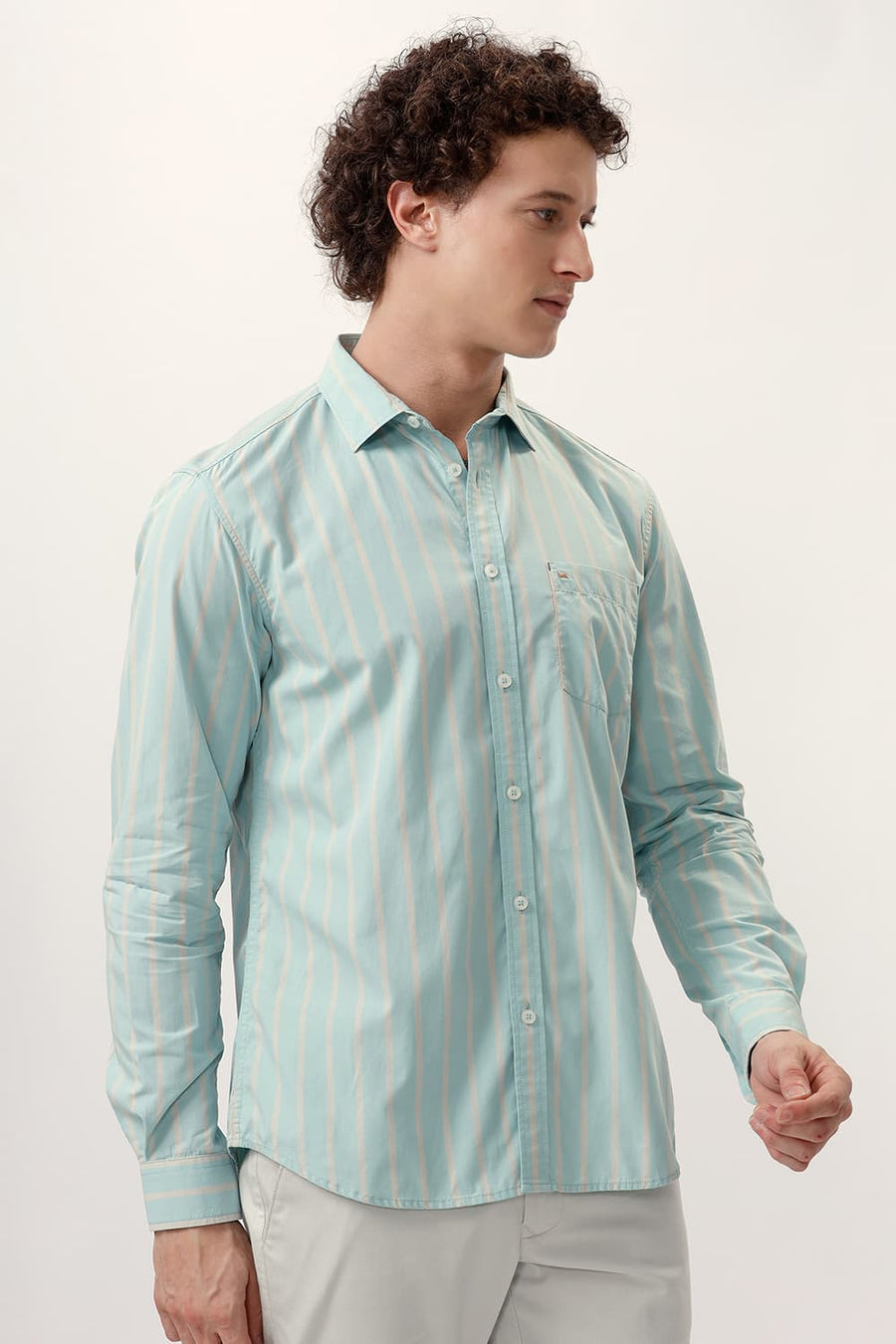 BASICS SLIM FIT HARBOR GREEN COTTON STRIPE SHIRT
