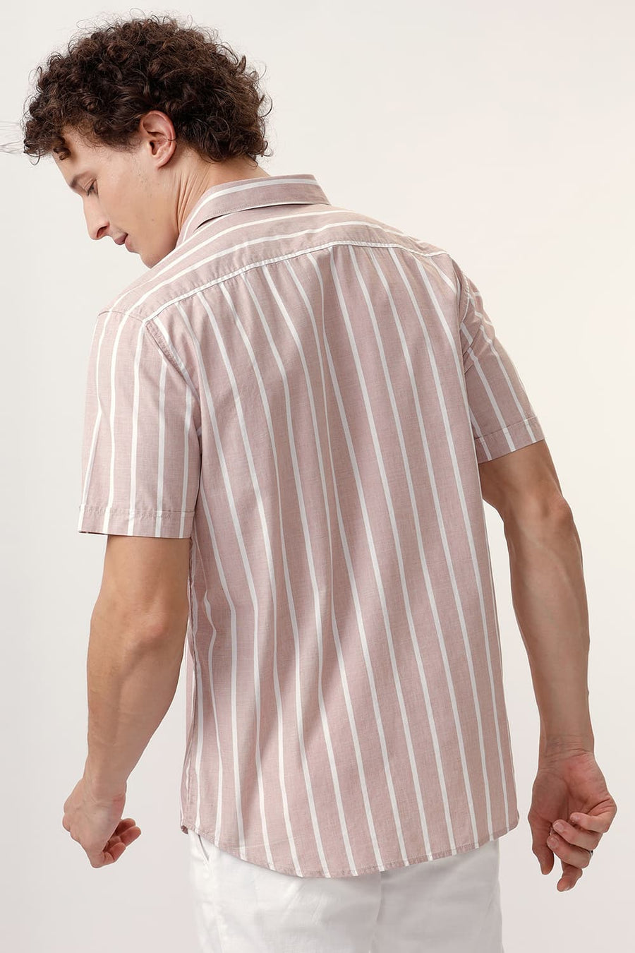 BASICS SLIM FIT RUGBY BROWN COTTON STRIPE HALFSLEEVES SHIRT