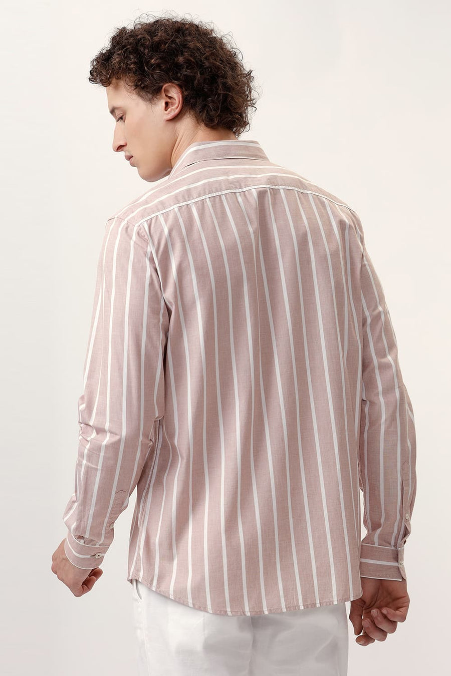 BASICS SLIM FIT RUGBY BROWN COTTON STRIPE SHIRT