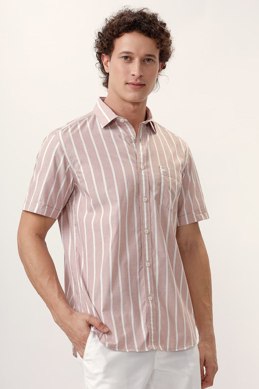 BASICS SLIM FIT RUGBY BROWN COTTON STRIPE HALFSLEEVES SHIRT