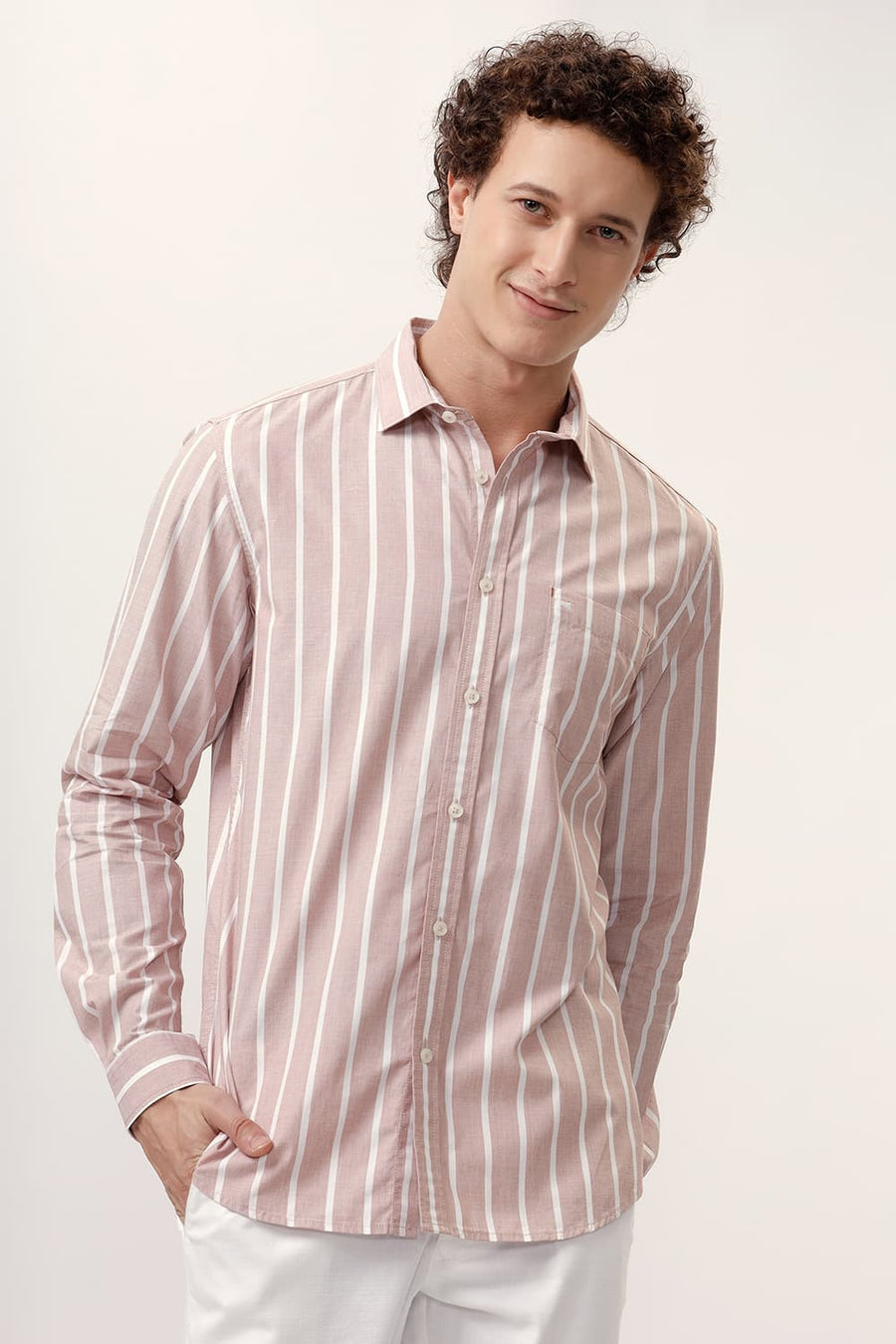 BASICS SLIM FIT RUGBY BROWN COTTON STRIPE SHIRT