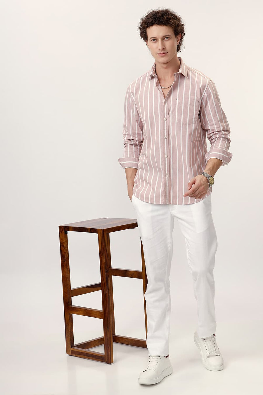 BASICS SLIM FIT RUGBY BROWN COTTON STRIPE SHIRT