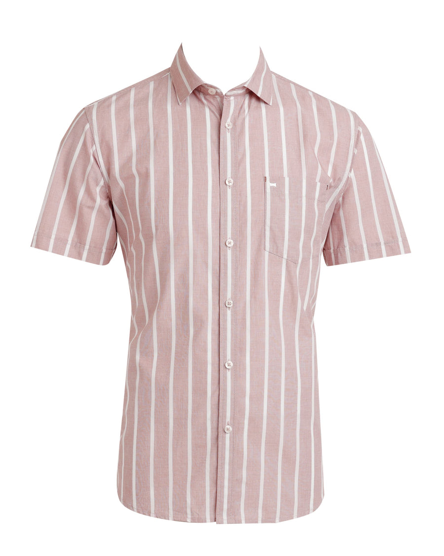 BASICS SLIM FIT RUGBY BROWN COTTON STRIPE HALFSLEEVES SHIRT