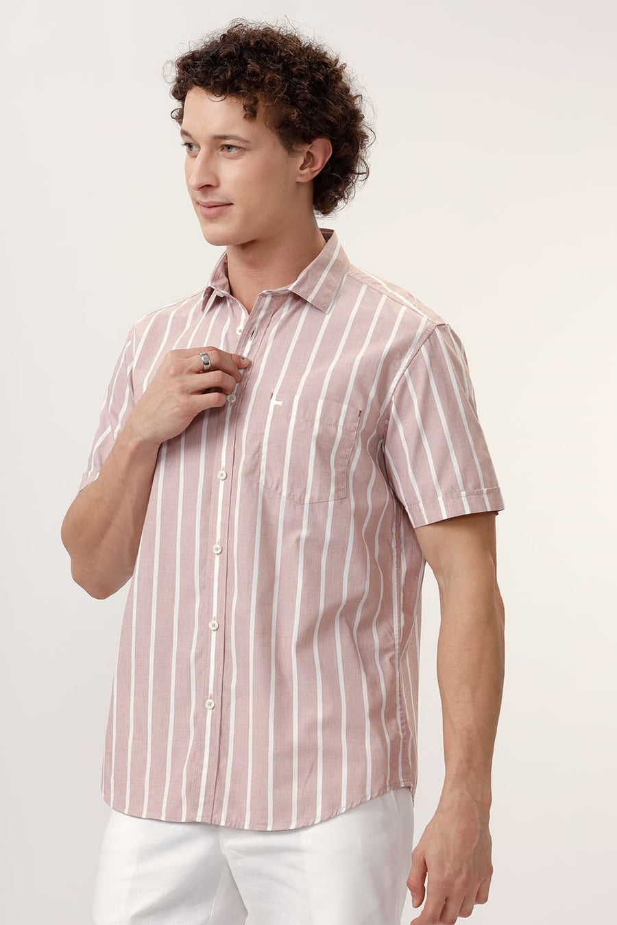 BASICS SLIM FIT RUGBY BROWN COTTON STRIPE HALFSLEEVES SHIRT