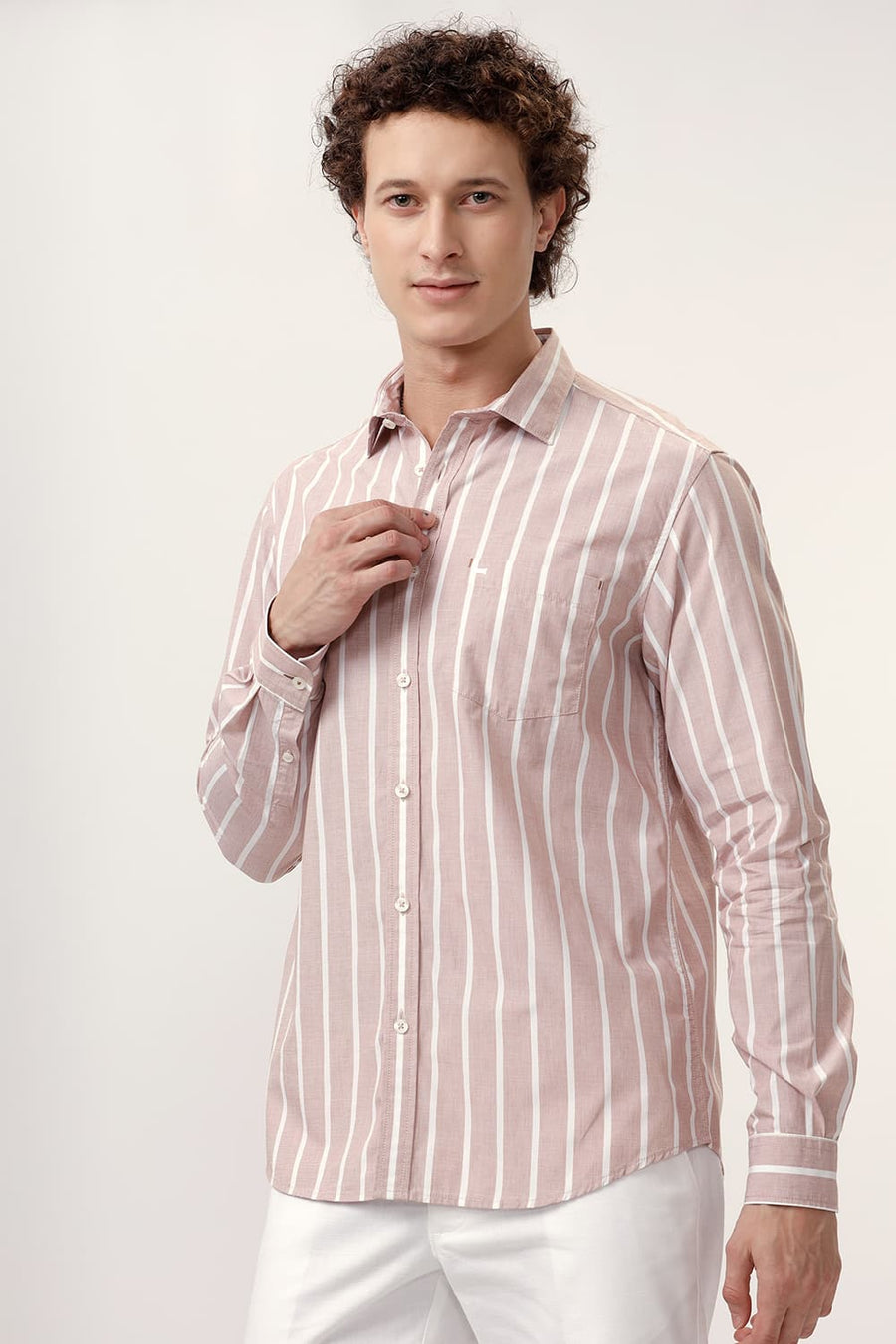 BASICS SLIM FIT RUGBY BROWN COTTON STRIPE SHIRT