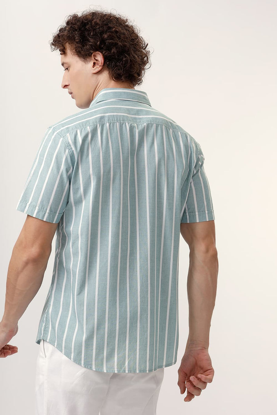BASICS SLIM FIT JADEITE GREEN COTTON STRIPE HALFSLEEVES SHIRT
